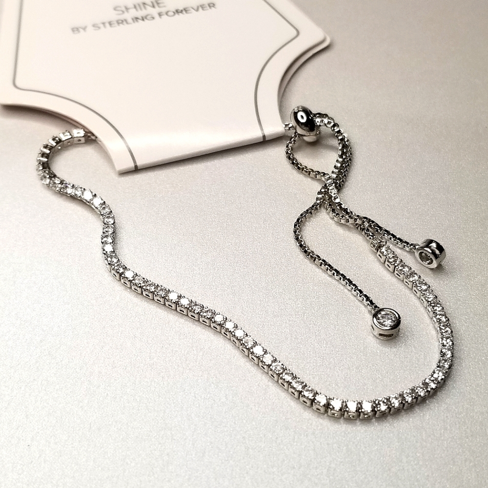 Rhodium plated Sterling Silver, Clear CZs, Box Chain, Bolo/slider Bracel…